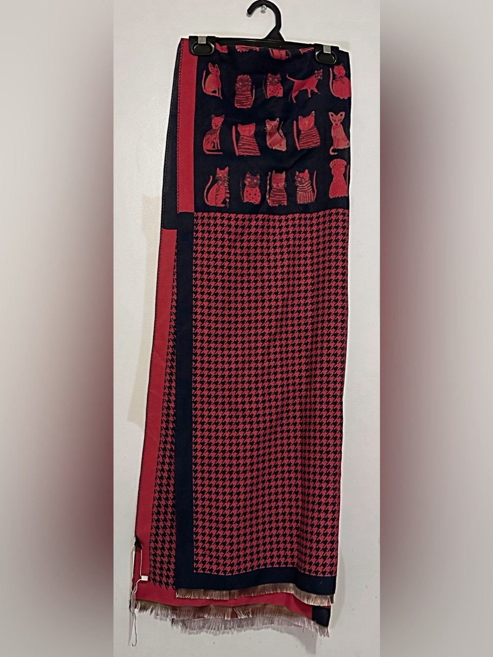 Red and Black Houndstooth Scarf with Cat Accent